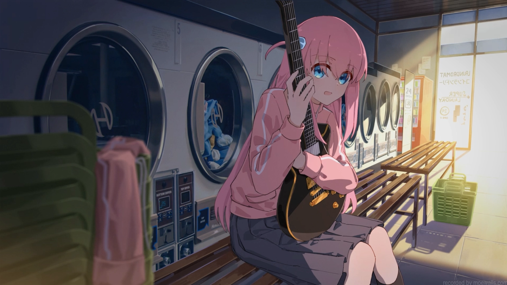 Bocchi playing guitar in Washing Area (Live) - Wallpaper screenshot - Seelen UI