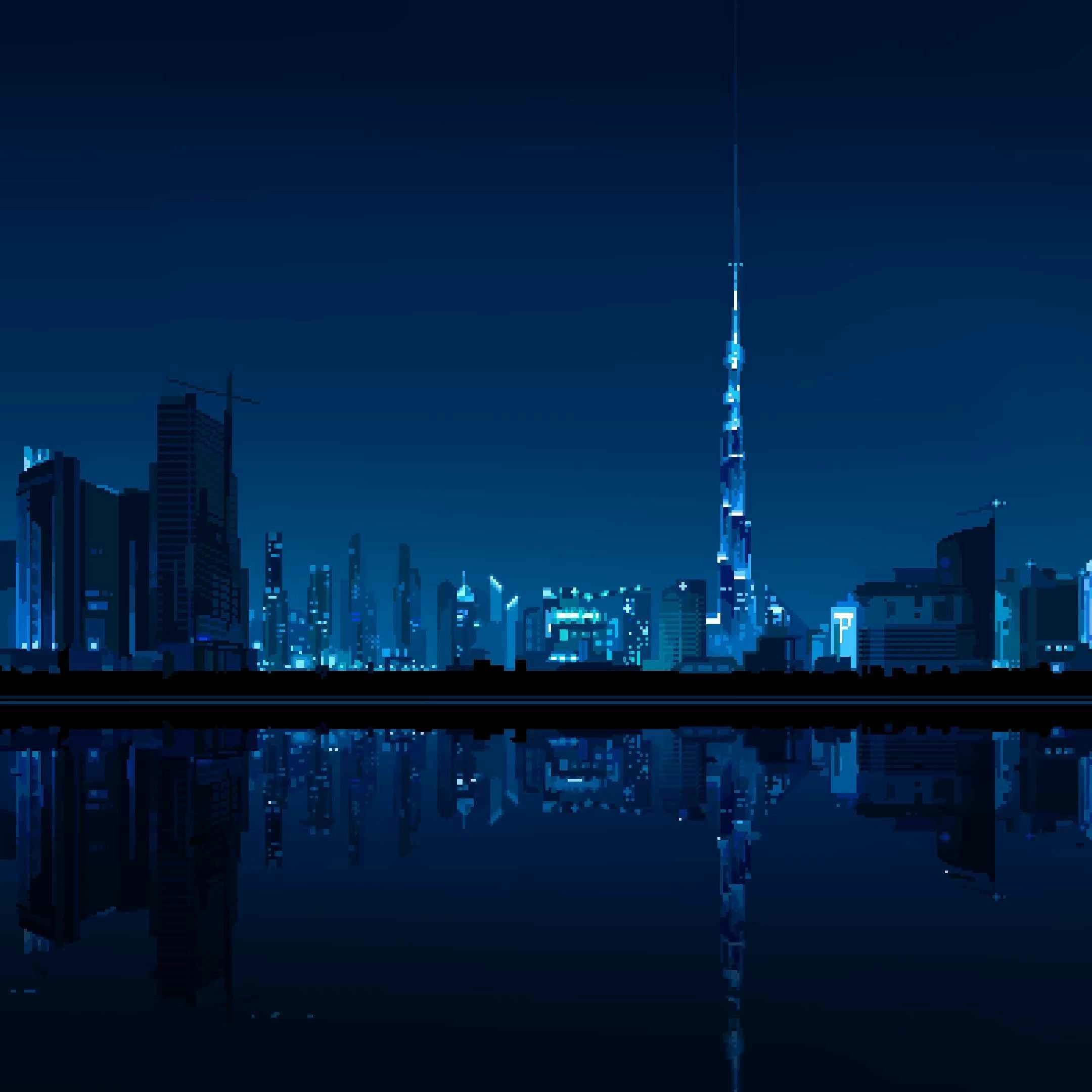 Pixel Dubai Blue Night Skyline (Live) - Seelen Behang