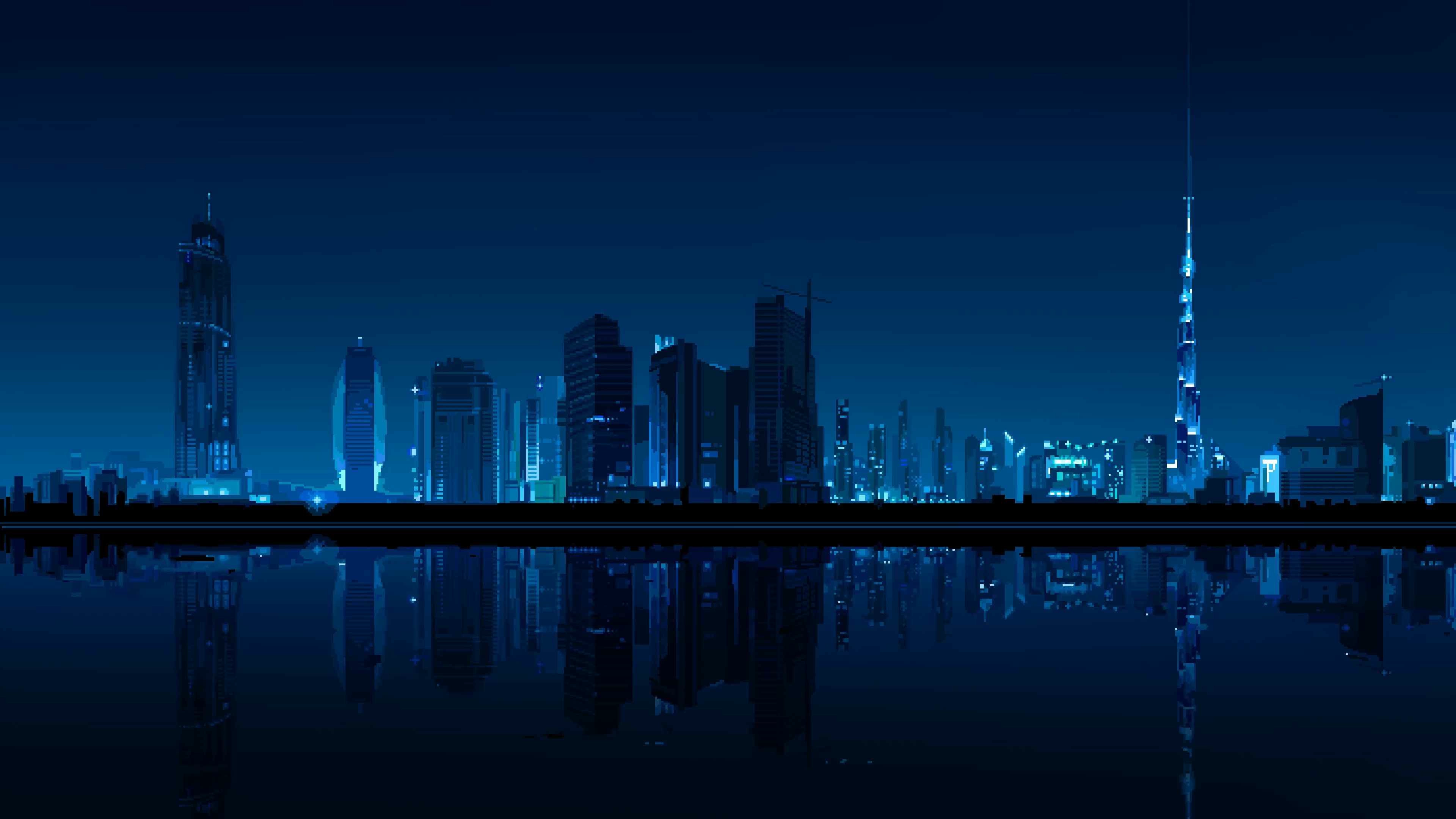 Pixel Dubai Blue Night Skyline (Live) - Wallpaper screenshot - Seelen UI