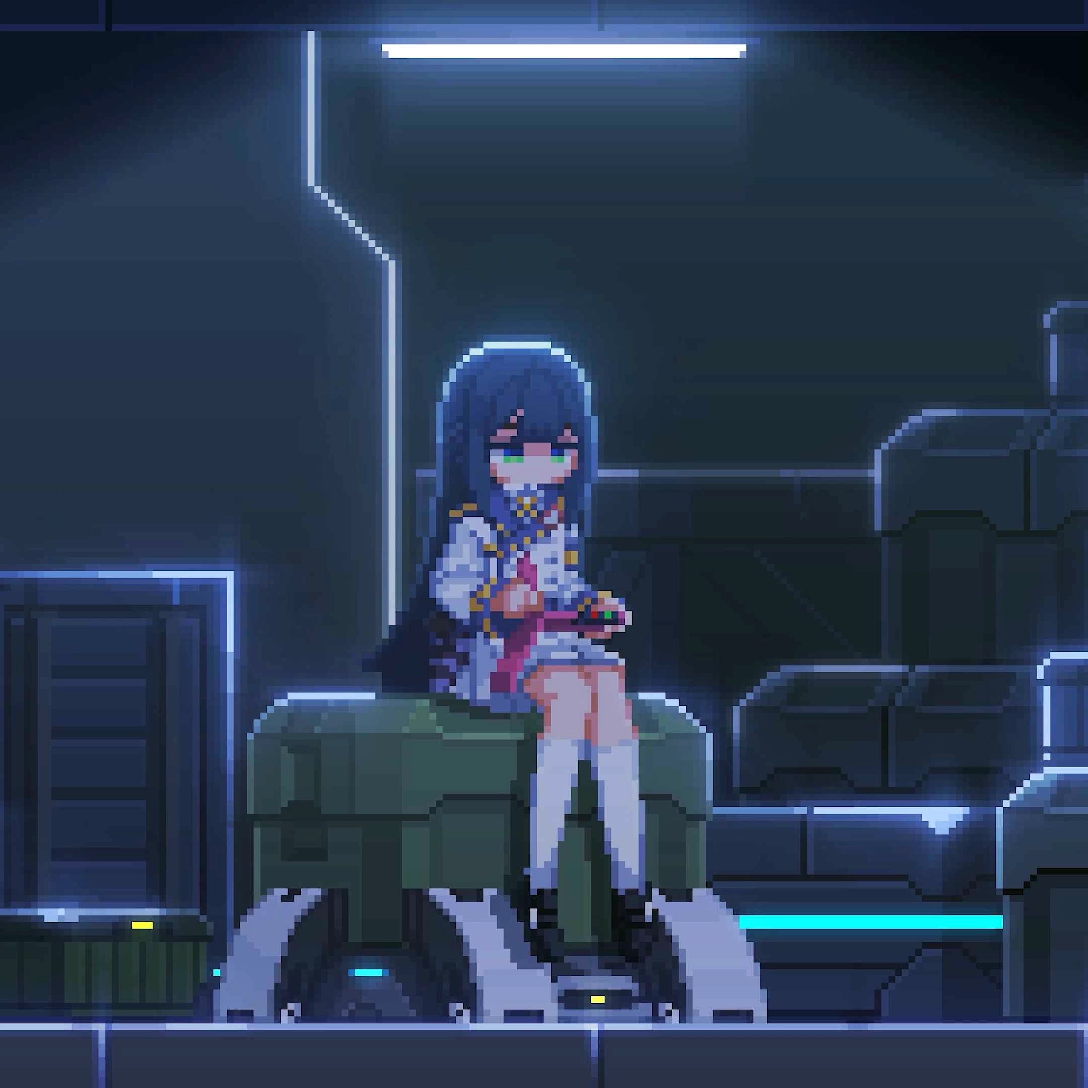 Pixel Anime Cyberpunk Girl Lab (Live) - Seelen Behang