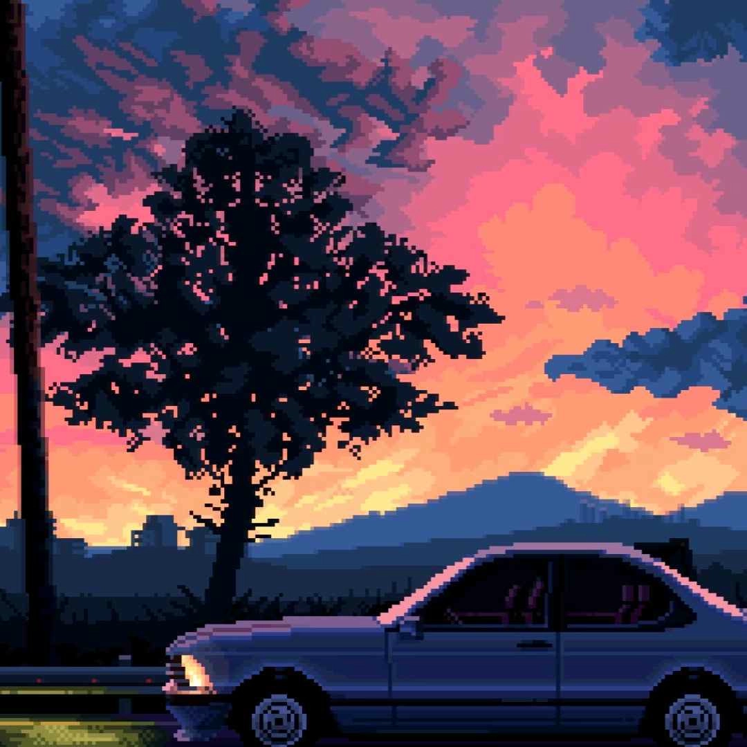 Retro Sunset Pixel Car (Live) - Seelen Behang