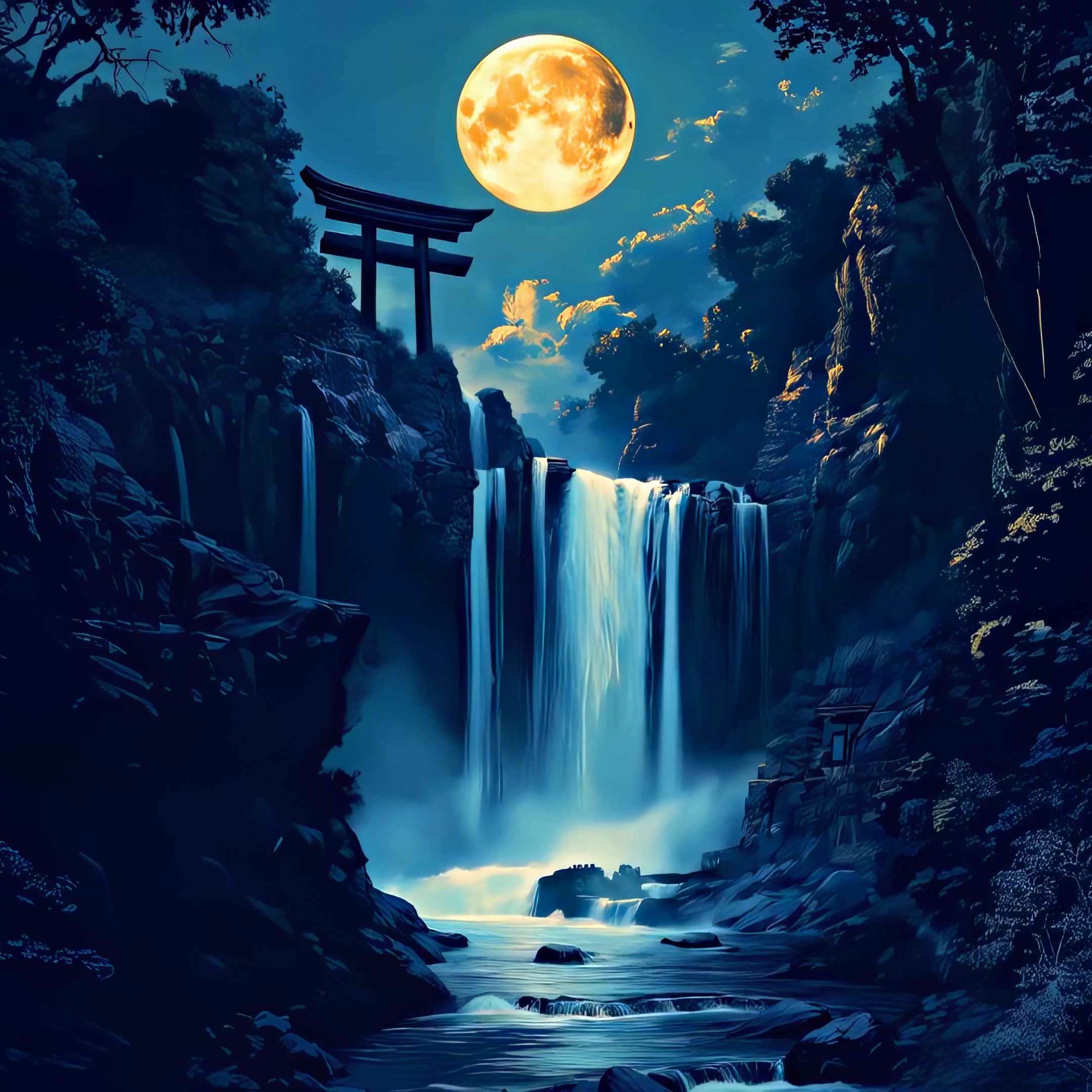 Waterfall & Torii Gate at Night (Live) - Seelen 배경 화면