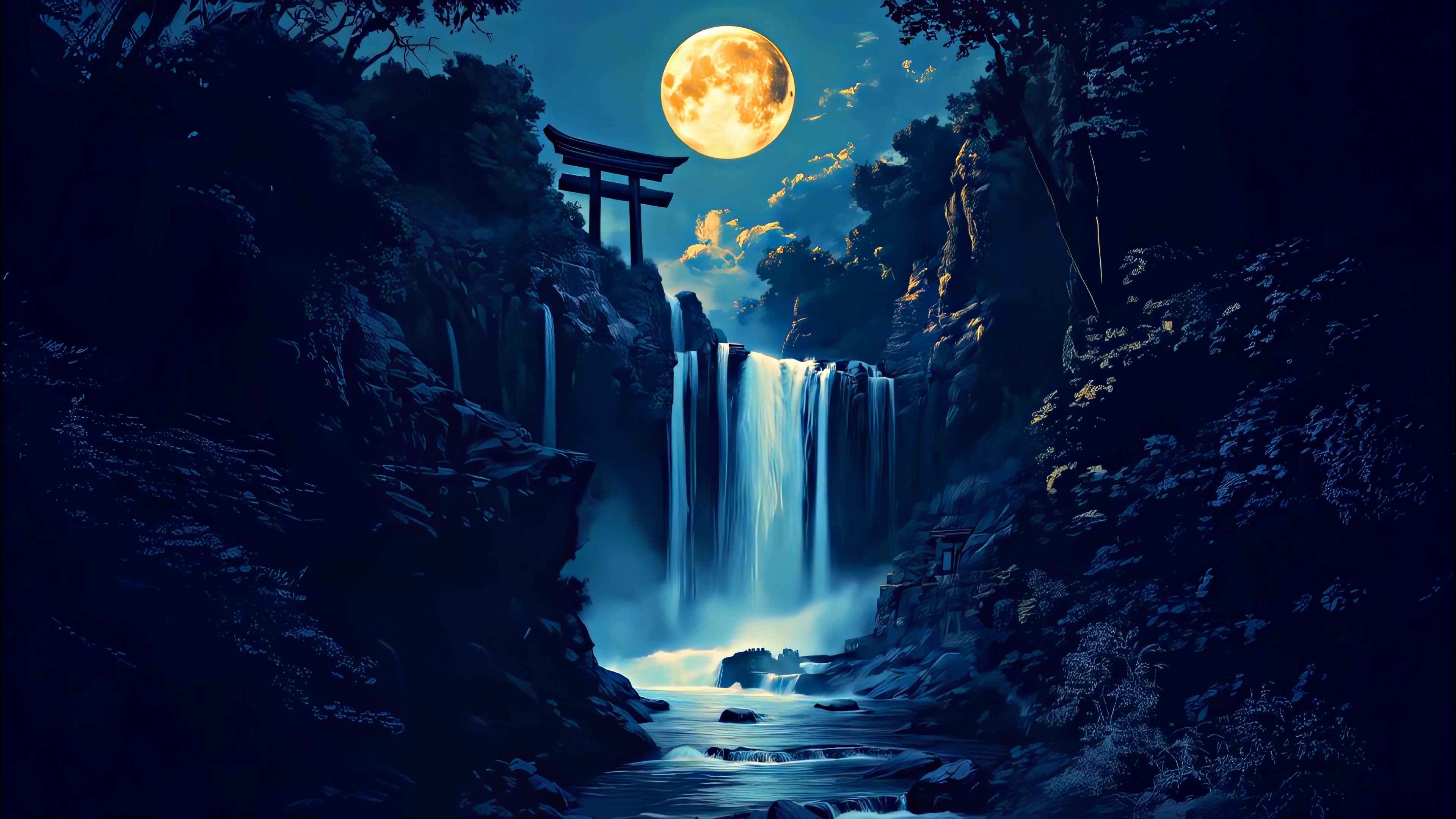 Waterfall & Torii Gate at Night (Live) - Wallpaper screenshot - Seelen UI