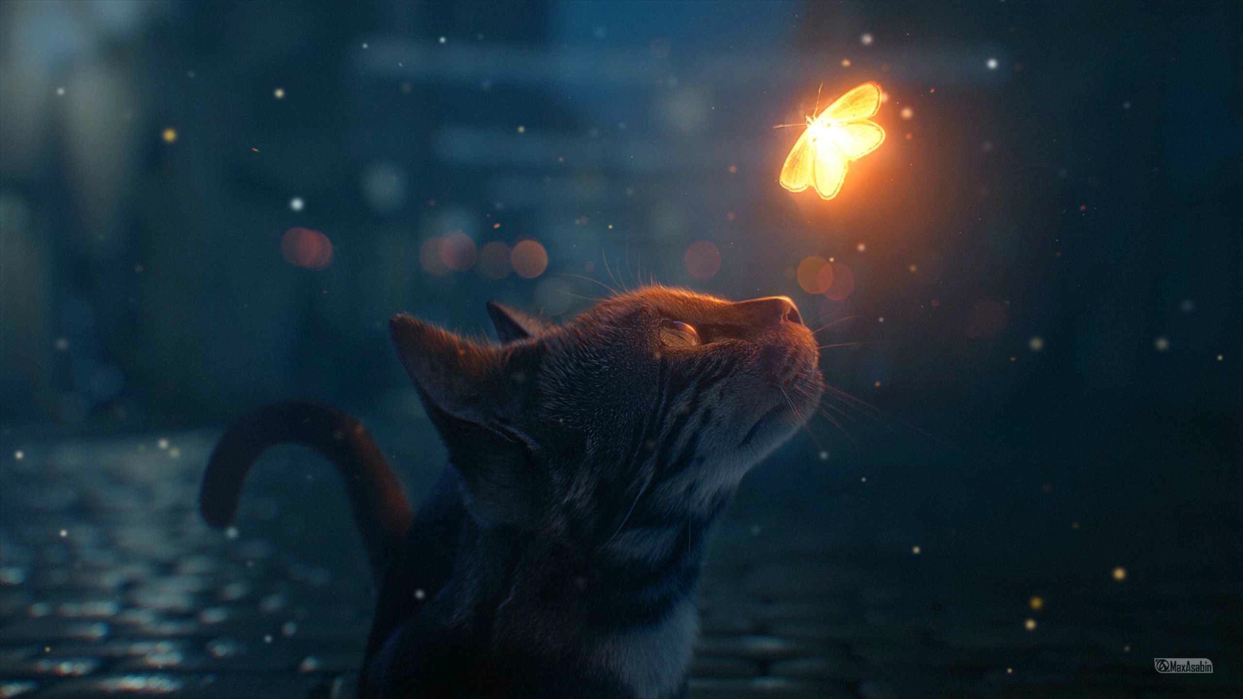 Cat Looking At Glowing Butterfly (Motion) - Wallpaper screenshot - Seelen UI