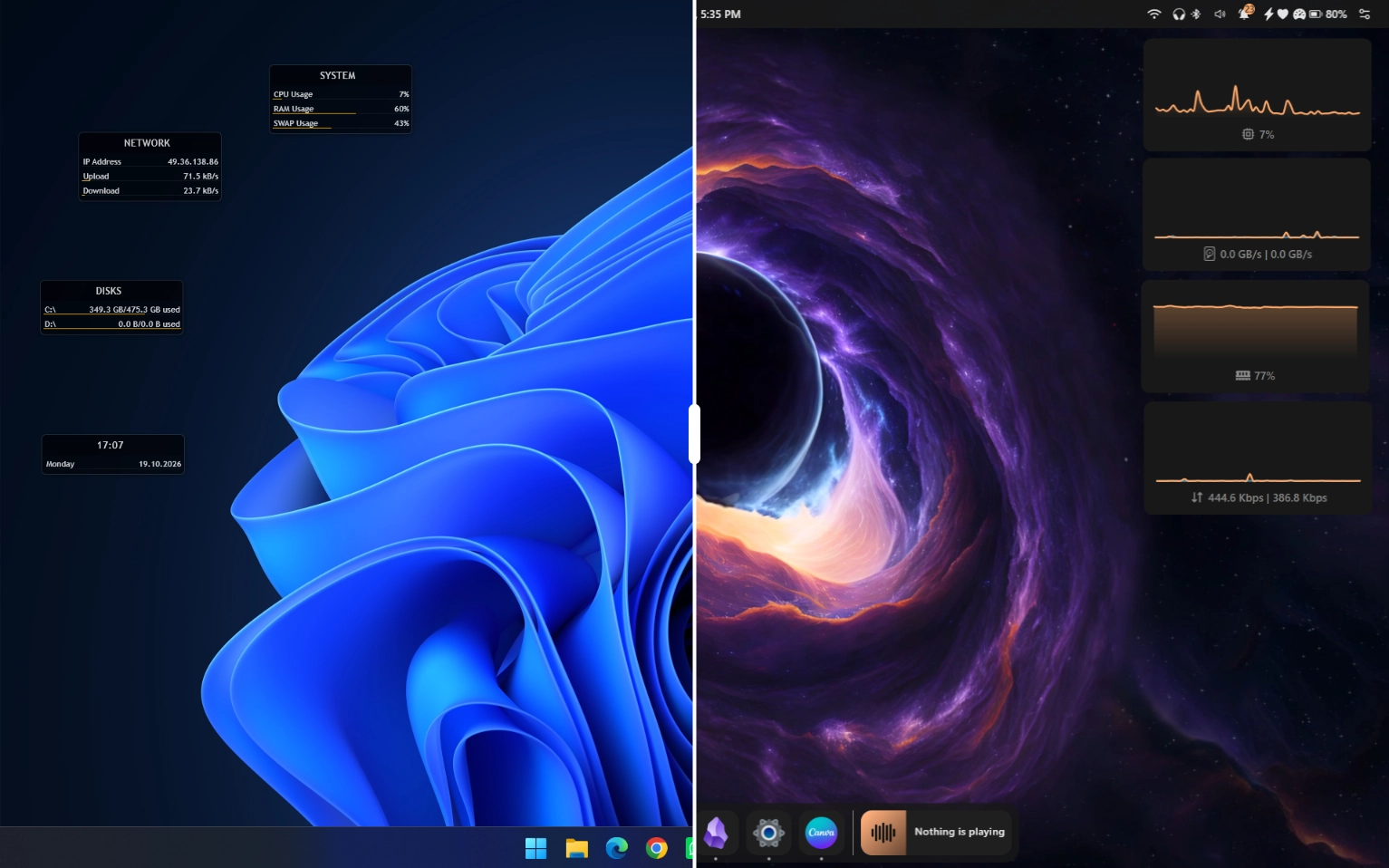Rainmeter and Seelen UI side by side on Windows 11