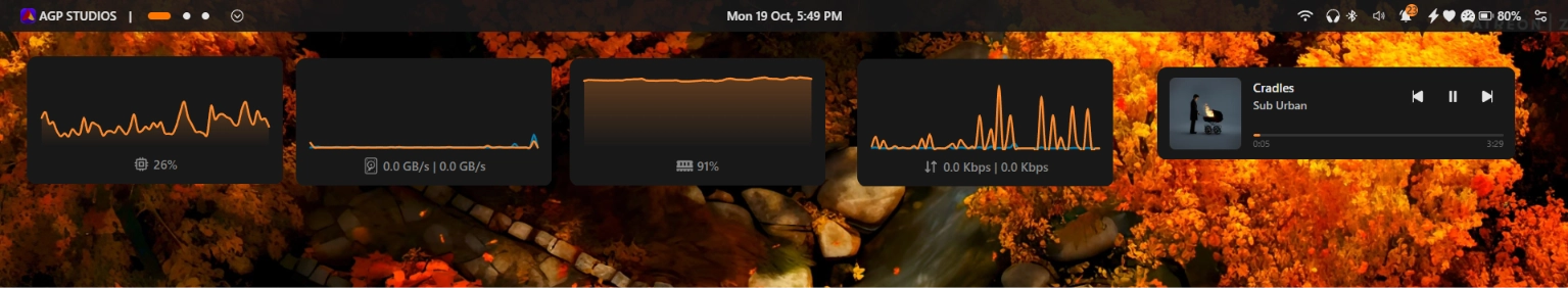 Seelen UI desktop widgets on the wallpaper layer: a clock, a system monitor (CPU, RAM, network) and media controls, next to the Seelen UI toolbar