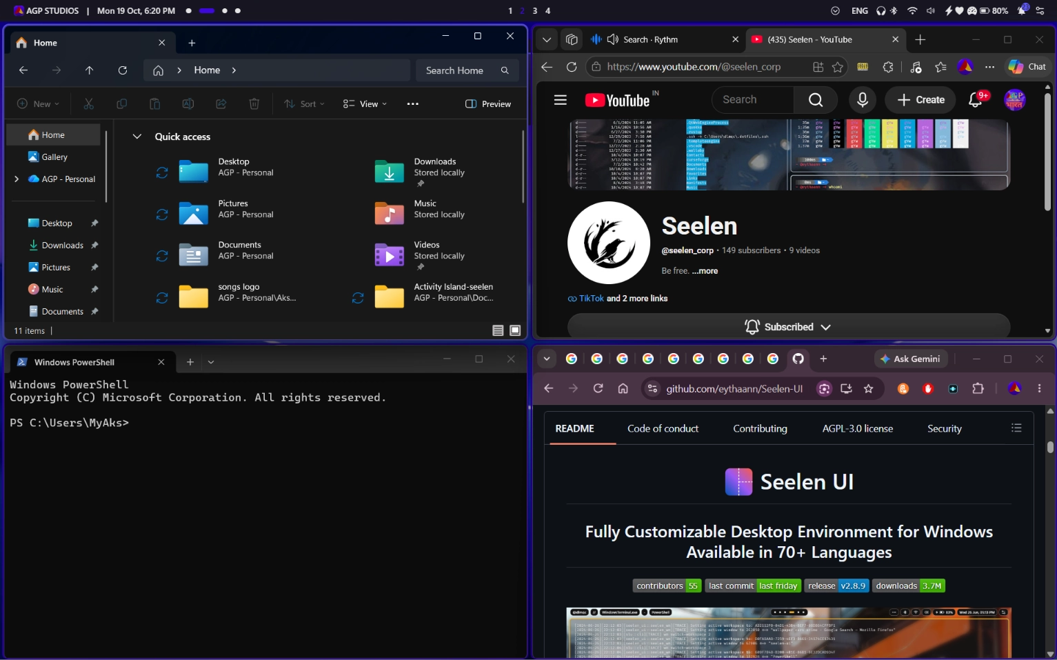 Seelen UI tiling window manager with 4 apps (browser, code editor, terminal, file explorer) arranged automatically, with the workspace indicator visible on the toolbar